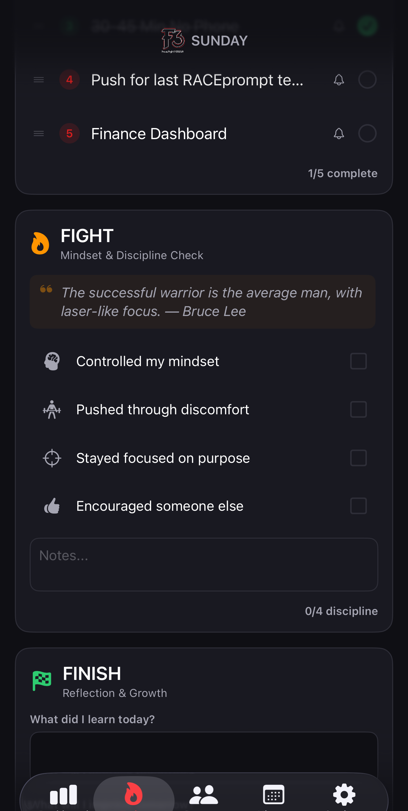 F3 Fight section showing midday mindset check